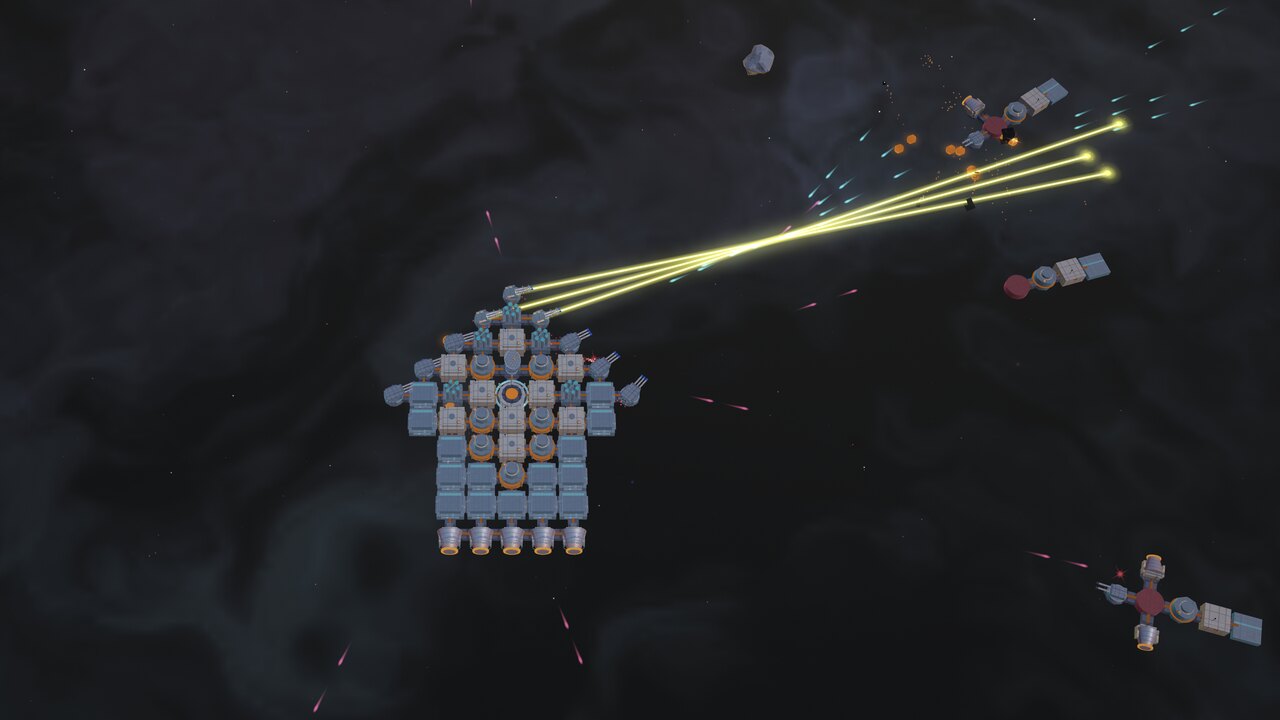 Three laser cannons reach out of a hull into a pack of Raiders, tracers coming back the other way