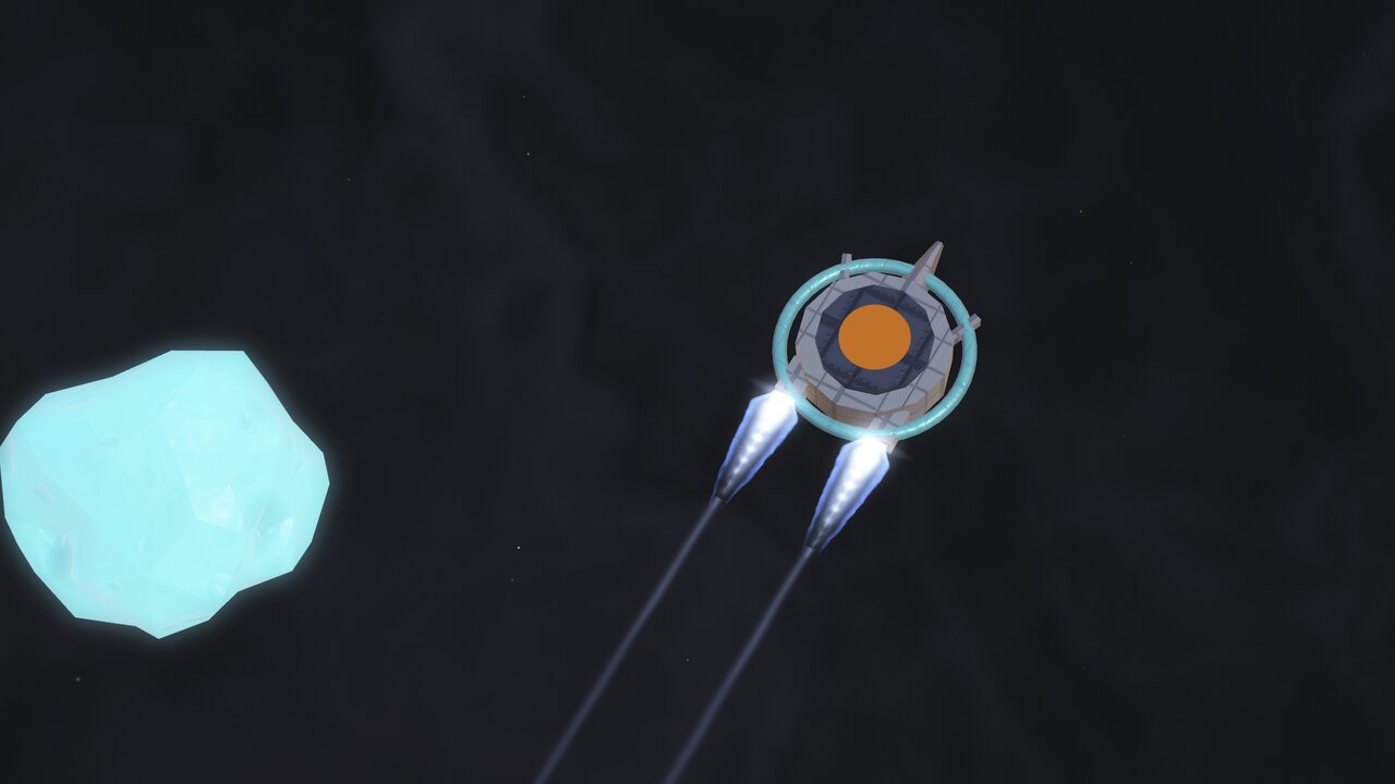 The starting pod under thrust past an ice rock, its twin rear engines lit blue-white
